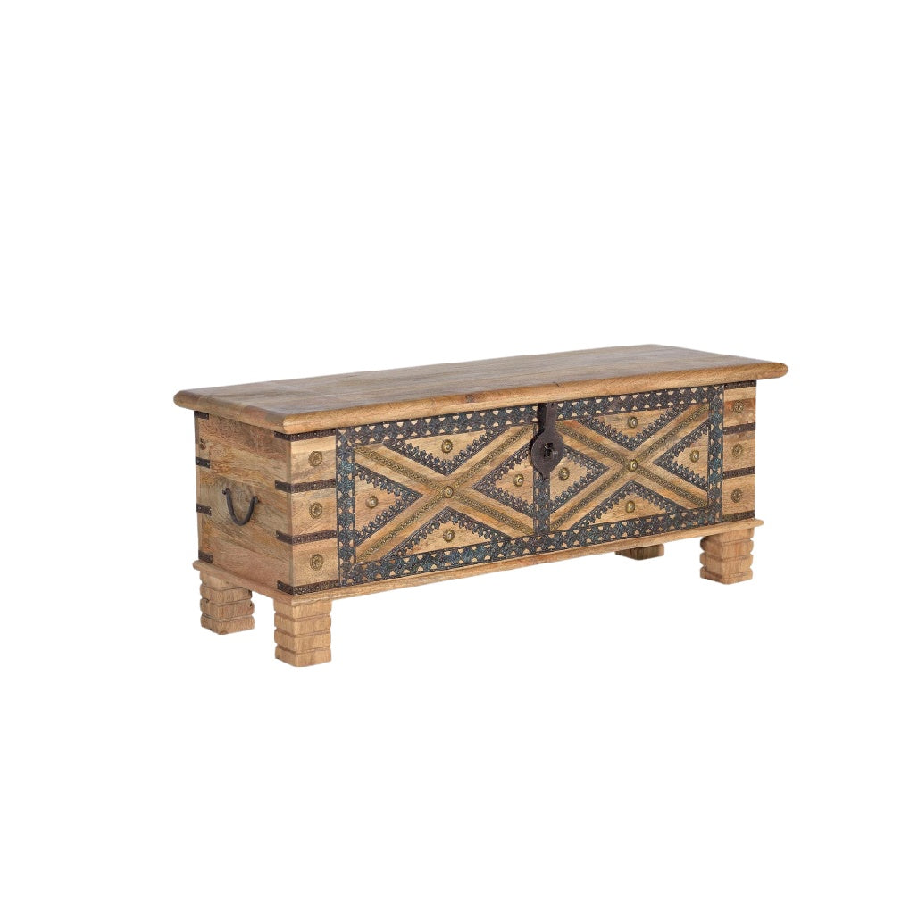 Coffre de rangement pour salon en bois avec décorations en métal - 120 x 40 x 50